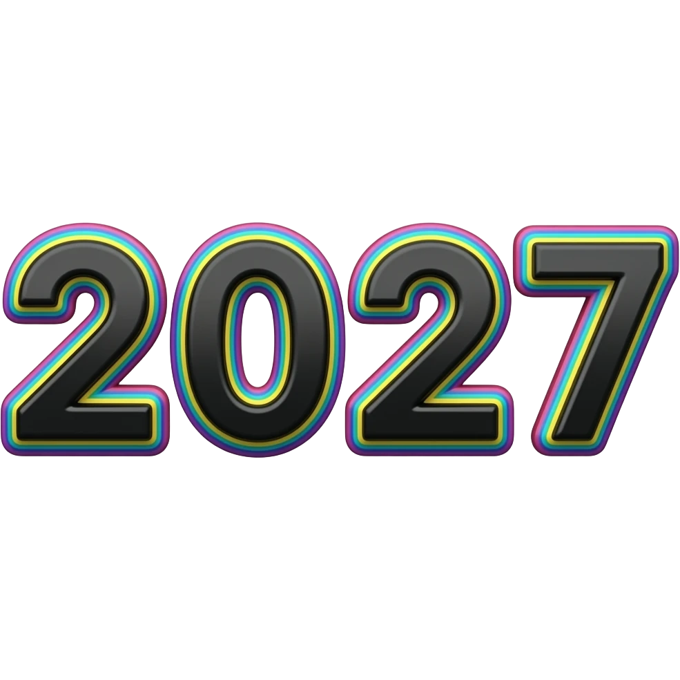 Numbers "2027"  in a shimmering black color, 3D style typography lettering, each color of the rainbow as a border outlined around each letter, isolated, 3d rendering, high definition. Must have no emoji icons no emoji faces and must have no human figures emoji
