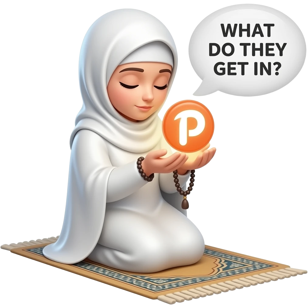 An ethereal Muslim woman, prayed position, closed eyes, wearing a soft white satin hijab, tasbih, prayer rug, gently cupping a luminous Patreon icon (the round 'P' icon) made of liquid light. Text bubble from mind: 'WHAT DO THEY GET IN?'. Isolated on white, magical stardust, 3D icon style emoji