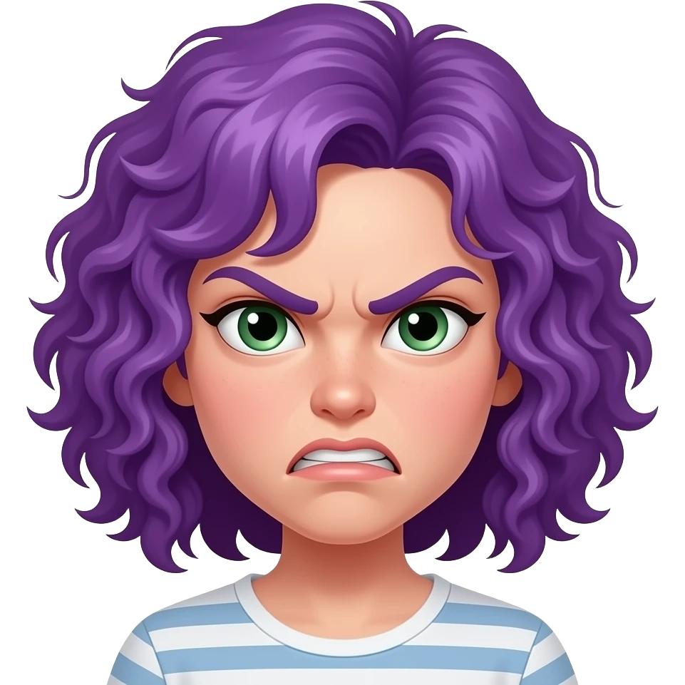 white girl with curly purple hair and green eyes angry emoji