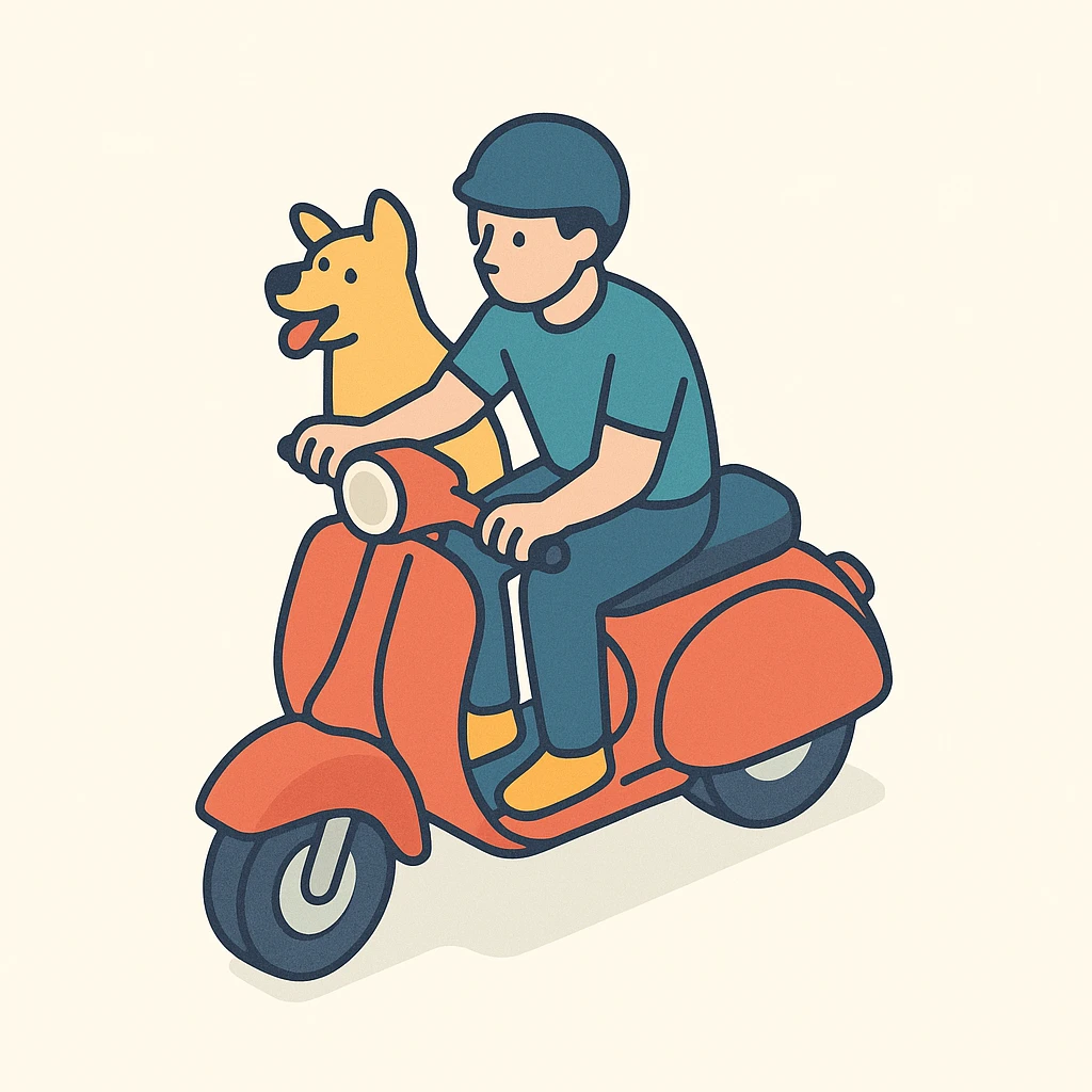 man and his pet dog riding a vespa emoji