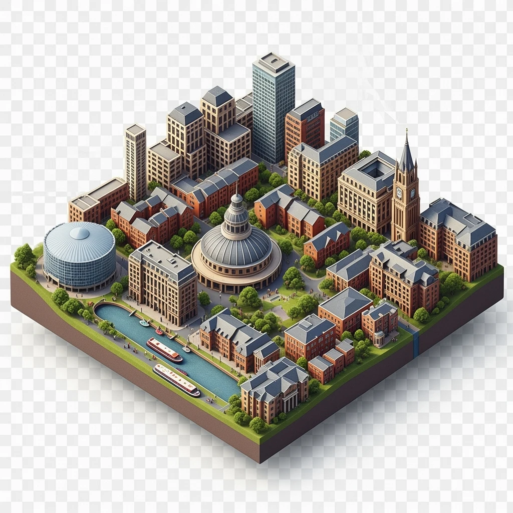 Isometric illustration of Birmingham, balanced between stylized and realistic, 3D miniature effect, transparent background. emoji