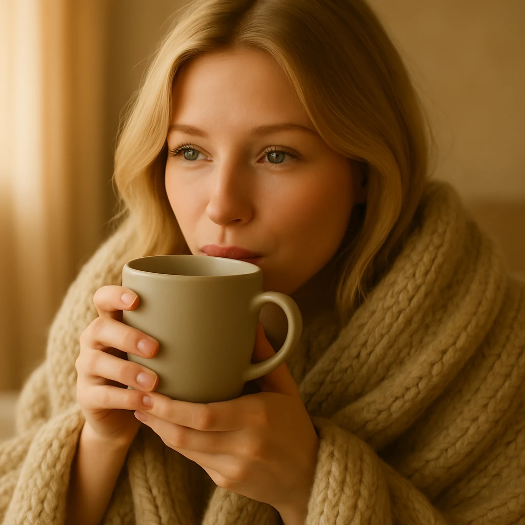 Show the blonde girl cozy in a blanket, drinking coffee with her eyes open, warm and serene atmosphere. Maintain the peaceful and comforting feeling. emoji