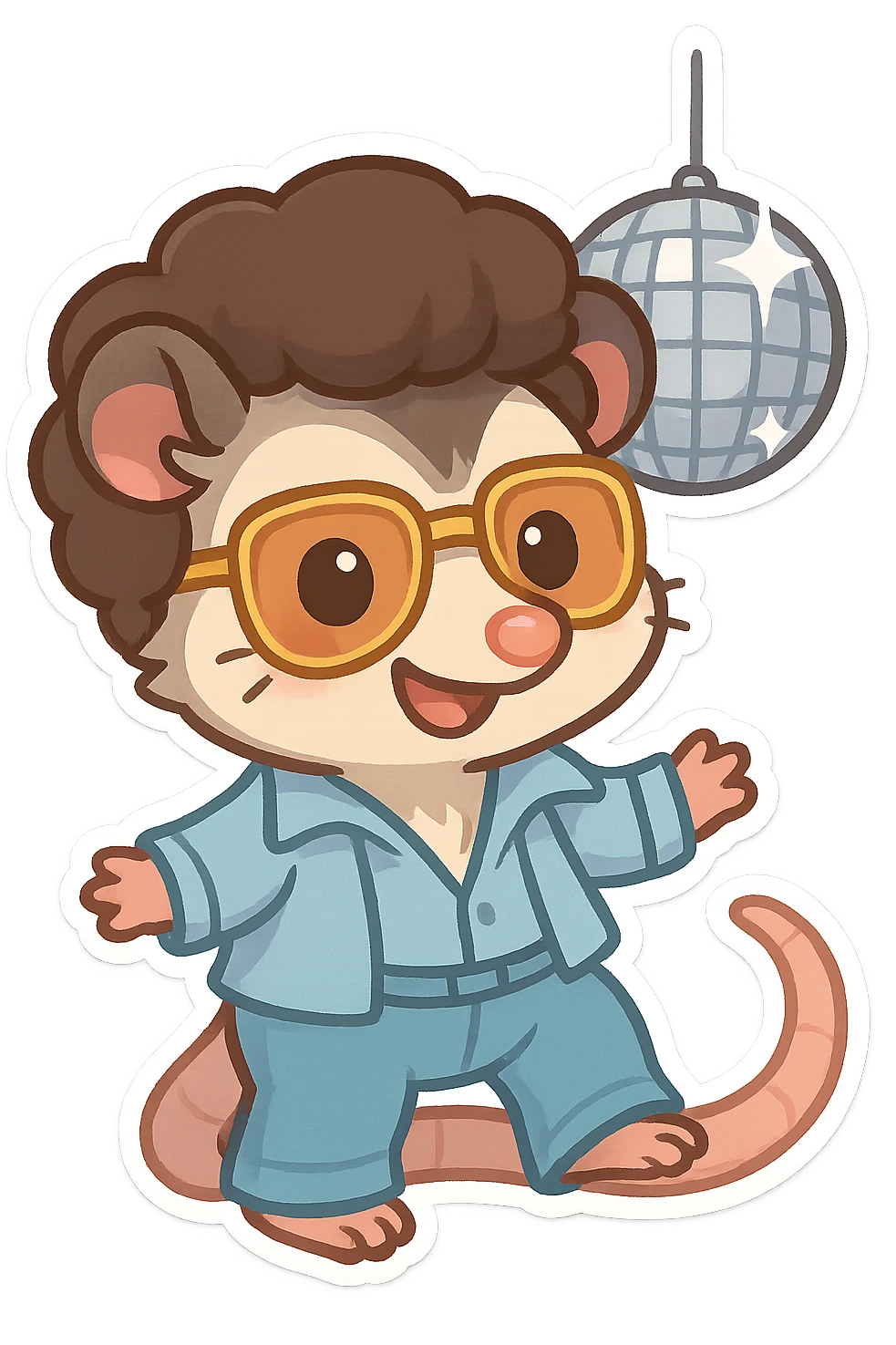 cute cartoon possum dressed up for the disco with a disco ball, sticker-like style emoji