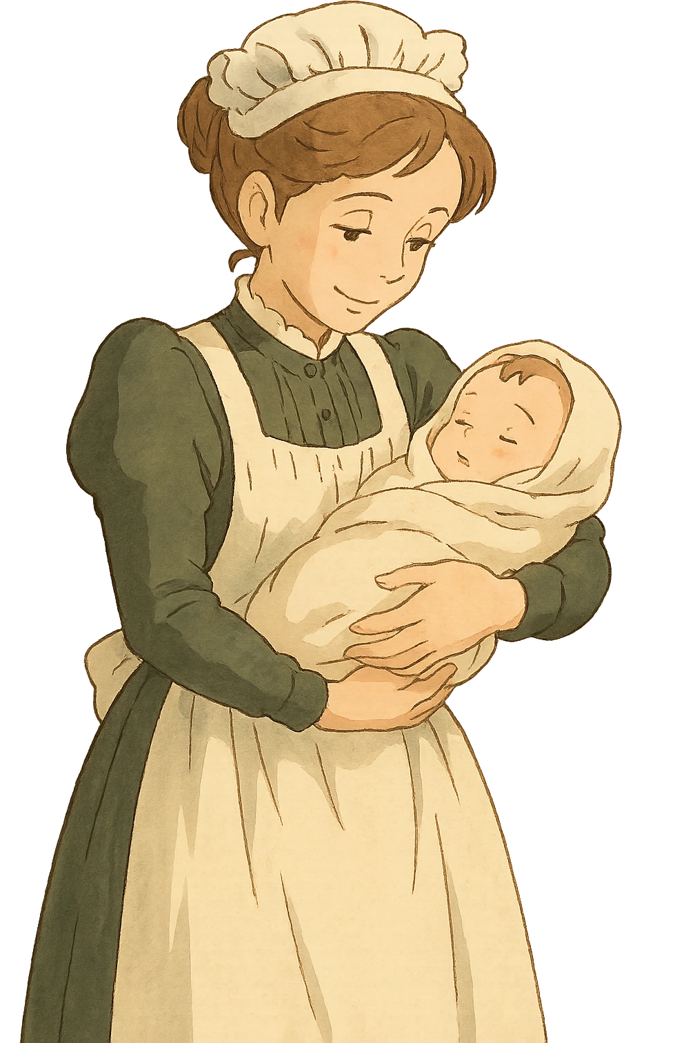 victorian midwife holding a baby with background emoji