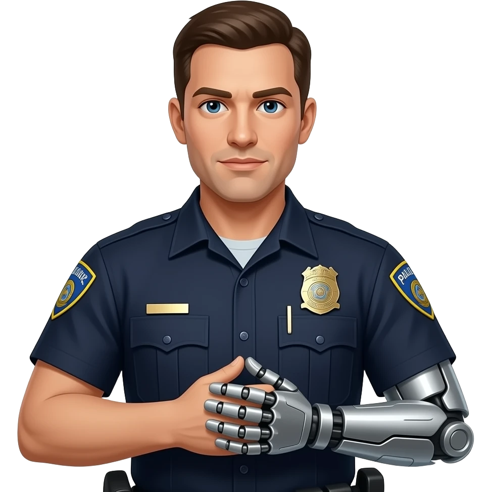 police bionic arm man, both hands folded closeup emoji
