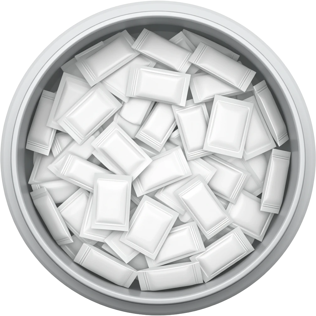 Open white snus container (small round plastic box, not a metal can), slightly top-down view. Filled completely with many small white nicotine pouches, densely packed, rectangular, soft, slightly wrinkled, overlapping. emoji