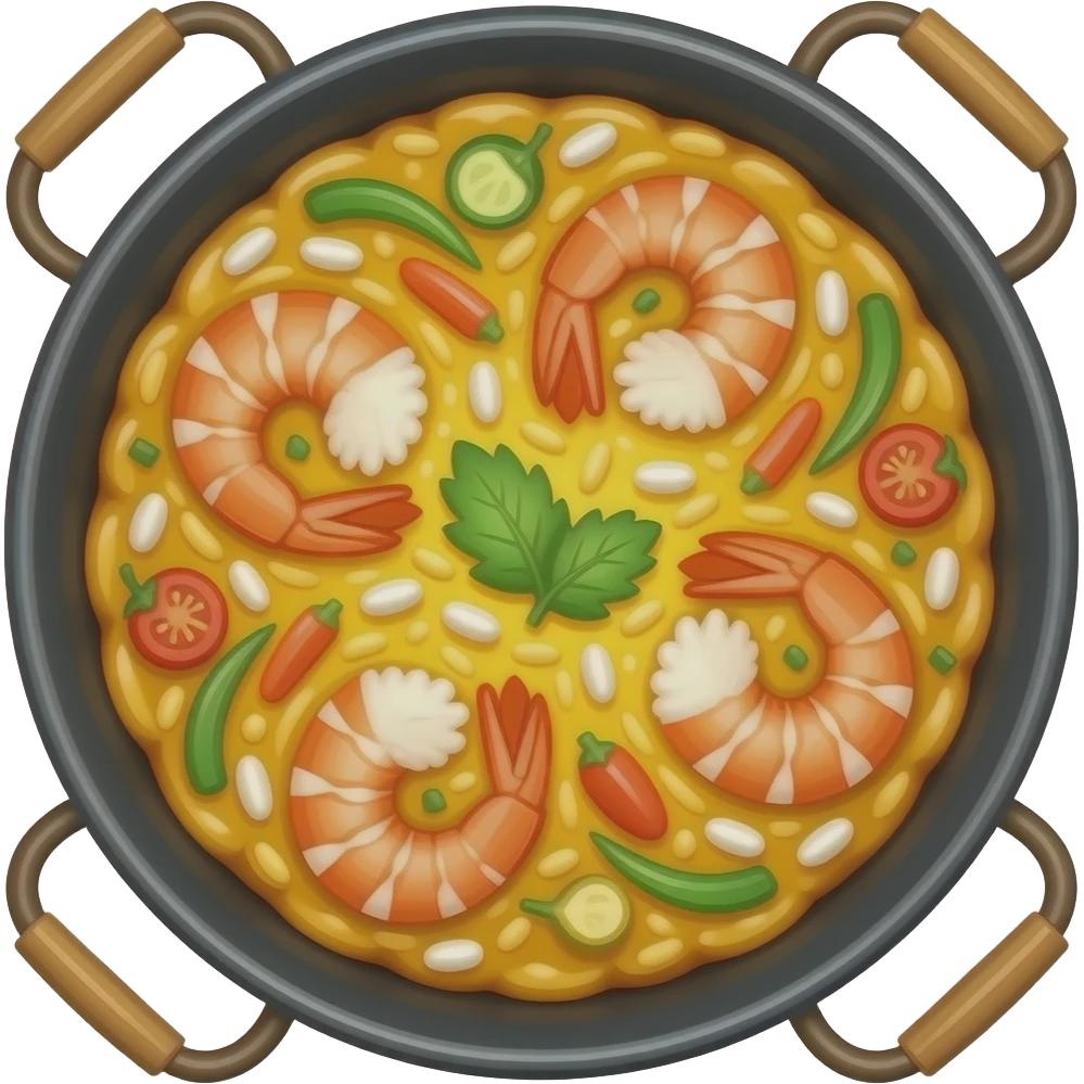 Emoji estilo iPhone de una paella valenciana, que se le vean todos los ingredientes, las gambas, cada grano de arroz, las verduras emoji
