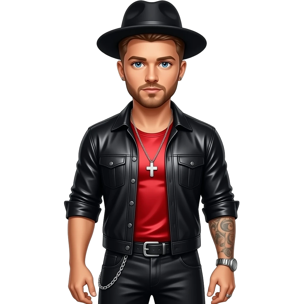Justin Timberlake with blue eyes, light brown hair, red metallic sleeveless shirt, black hat, black metallic open shirt, black metallic baggy pants with chain, necklace and short earrings emoji