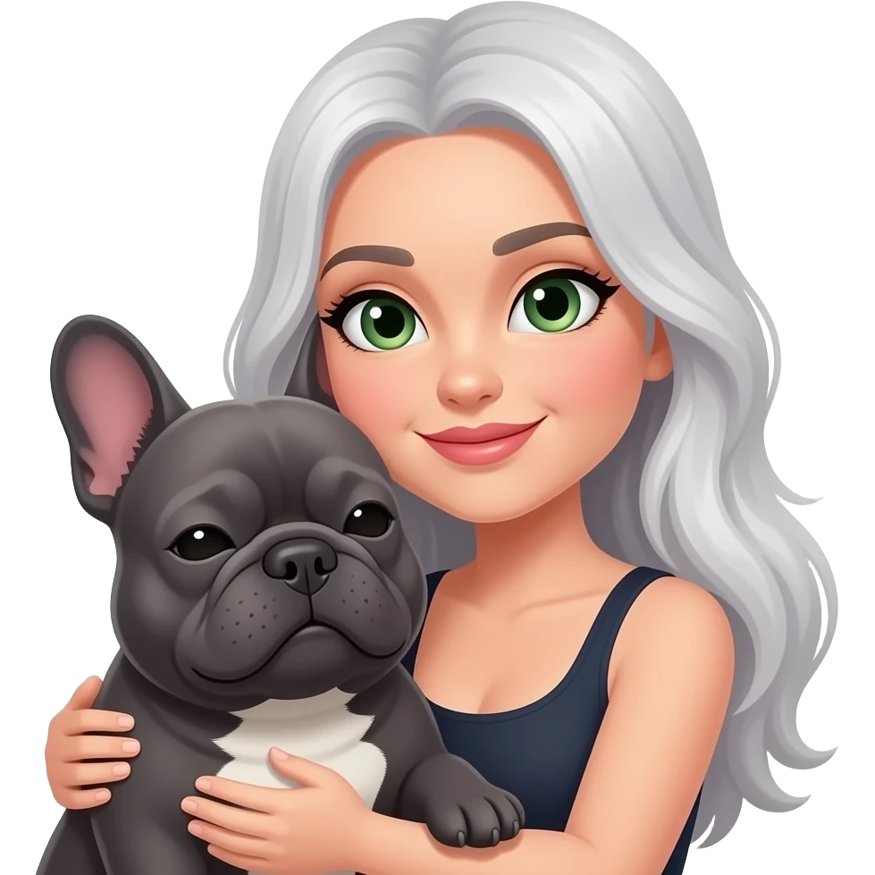 White woman with long white gray hair and green eyes cuddling plump gray french bulldog emoji