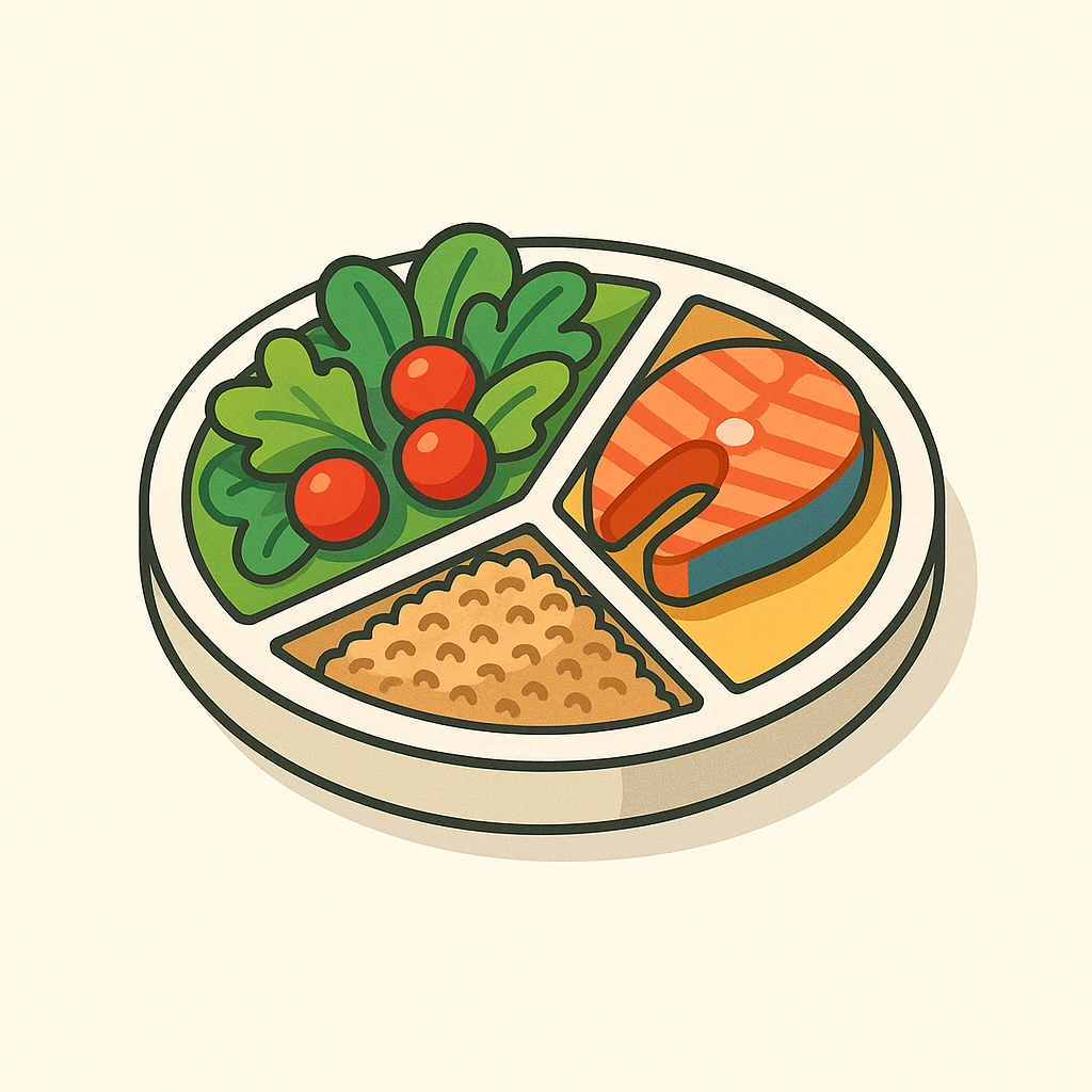 Harvard plate, half with mixed salad leaves and cherry tomatoes, one quarter with grilled salmon steak protein, one quarter with buckwheat complex carbs, 2D isometric illustration style emoji