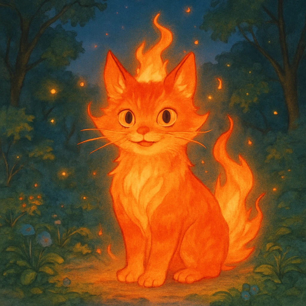 fire cat, ghibli style illustration emoji