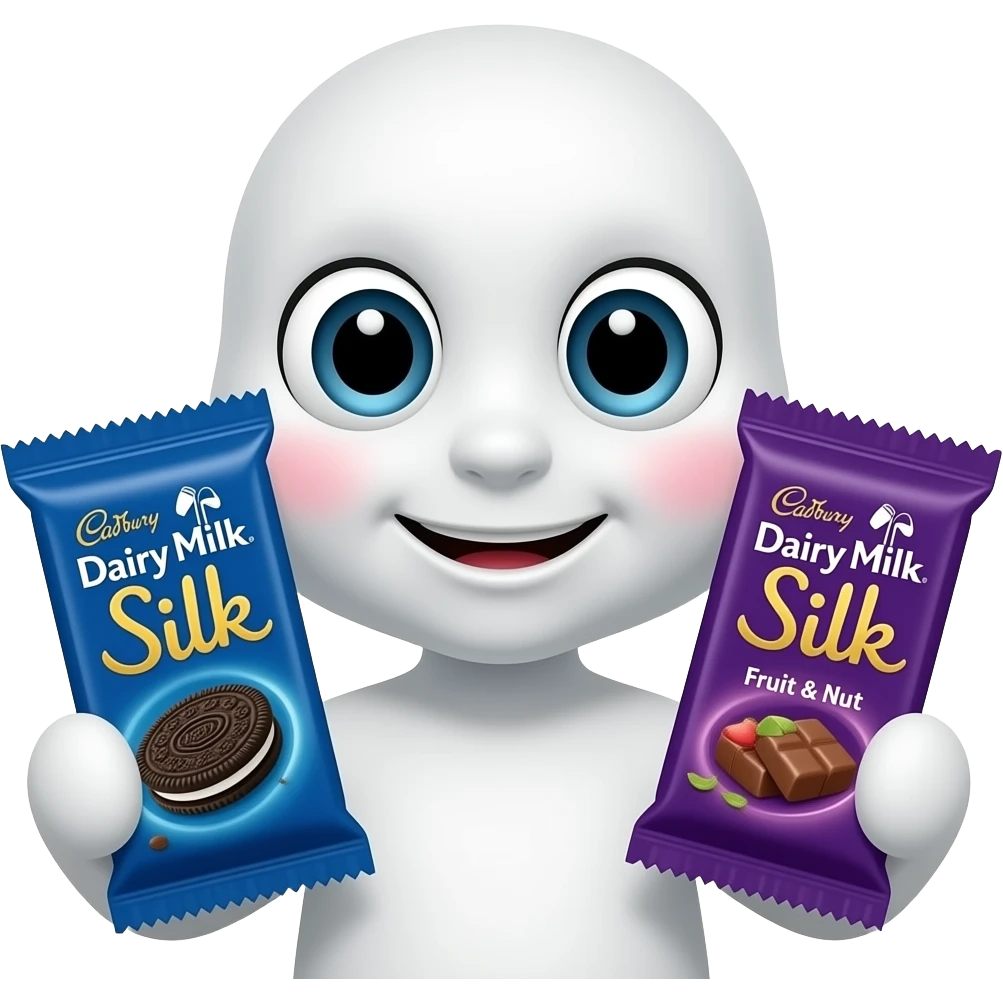 It features a wide-eyed, blushing white character holding two bars of Cadbury Dairy Milk Silk chocolate. The bars shown in the sticker specifically resemble the Silk Oreo (blue packaging) and standard Silk or Silk Fruit & Nut (purple packaging) varieties emoji