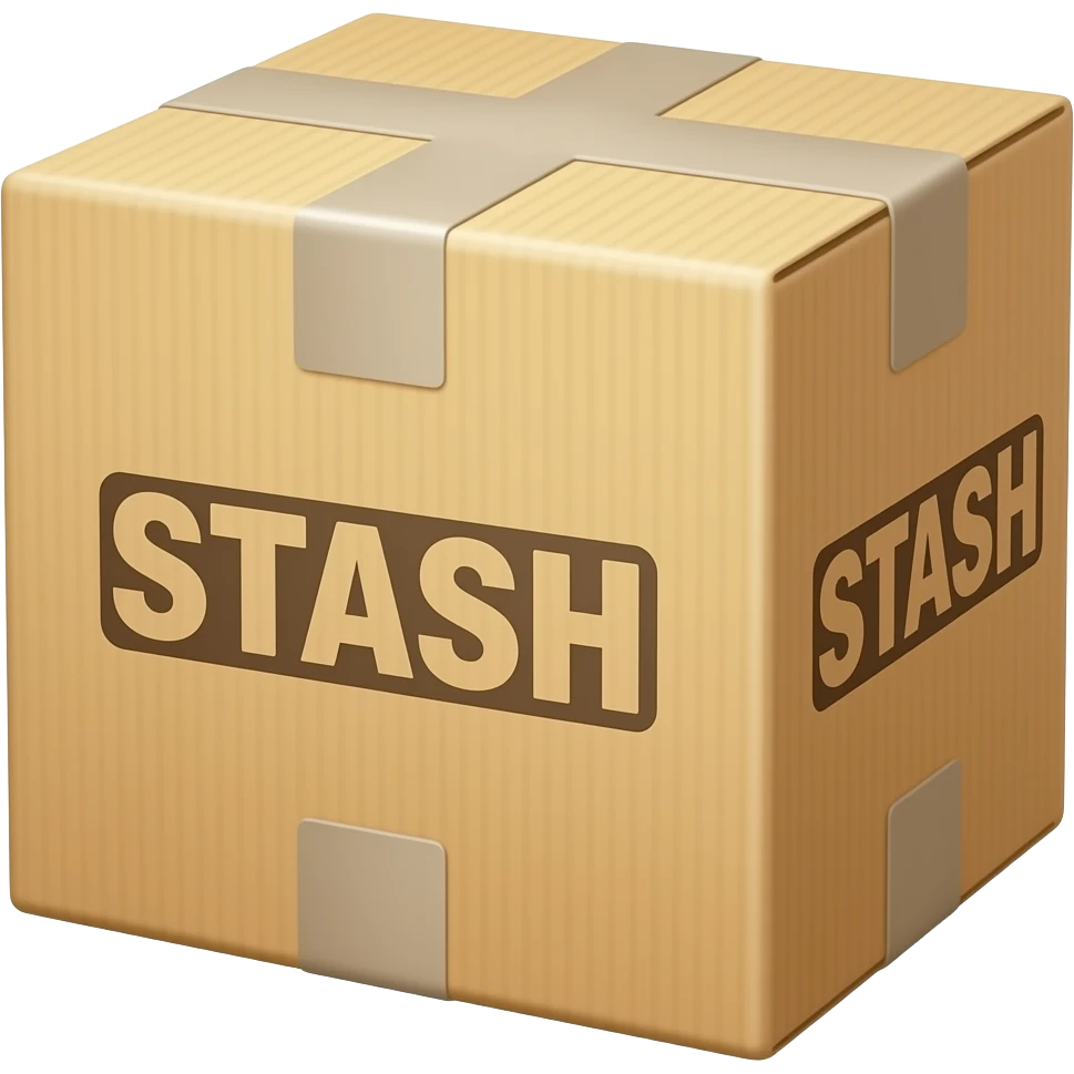 a box with a large inscription on the box saying "STASH" emoji