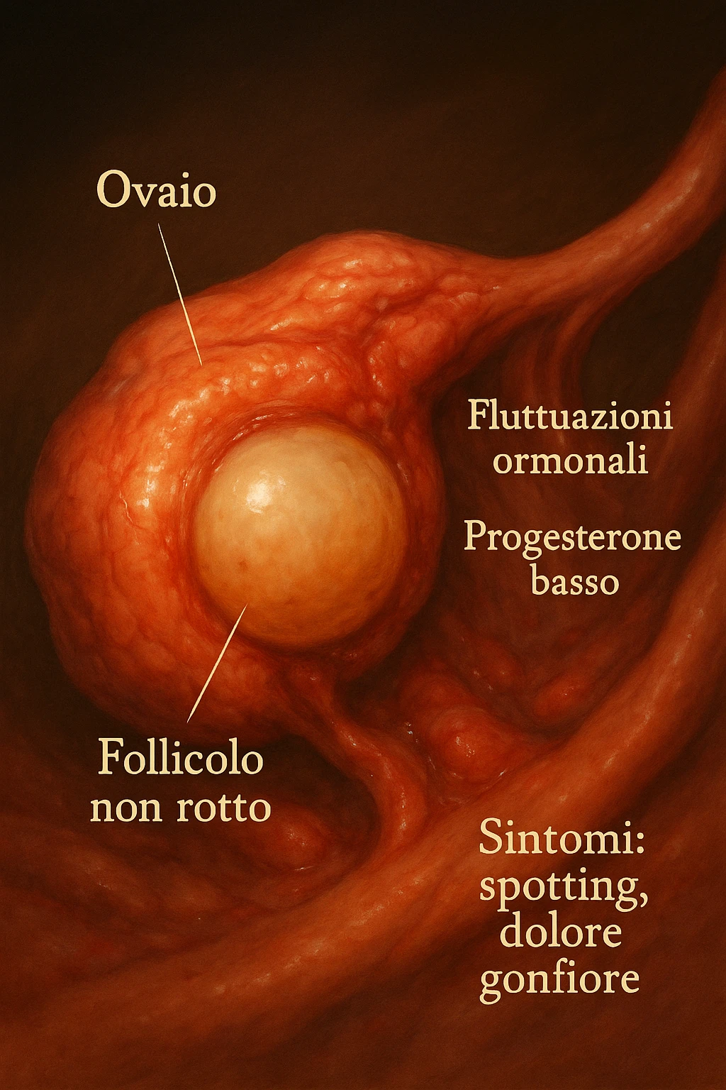 realistic and cinematic illustration of an ovary with an unruptured follicle, low progesterone, hormonal fluctuations, symptoms of spotting, pain and swelling, clinical details, captions in Italian emoji