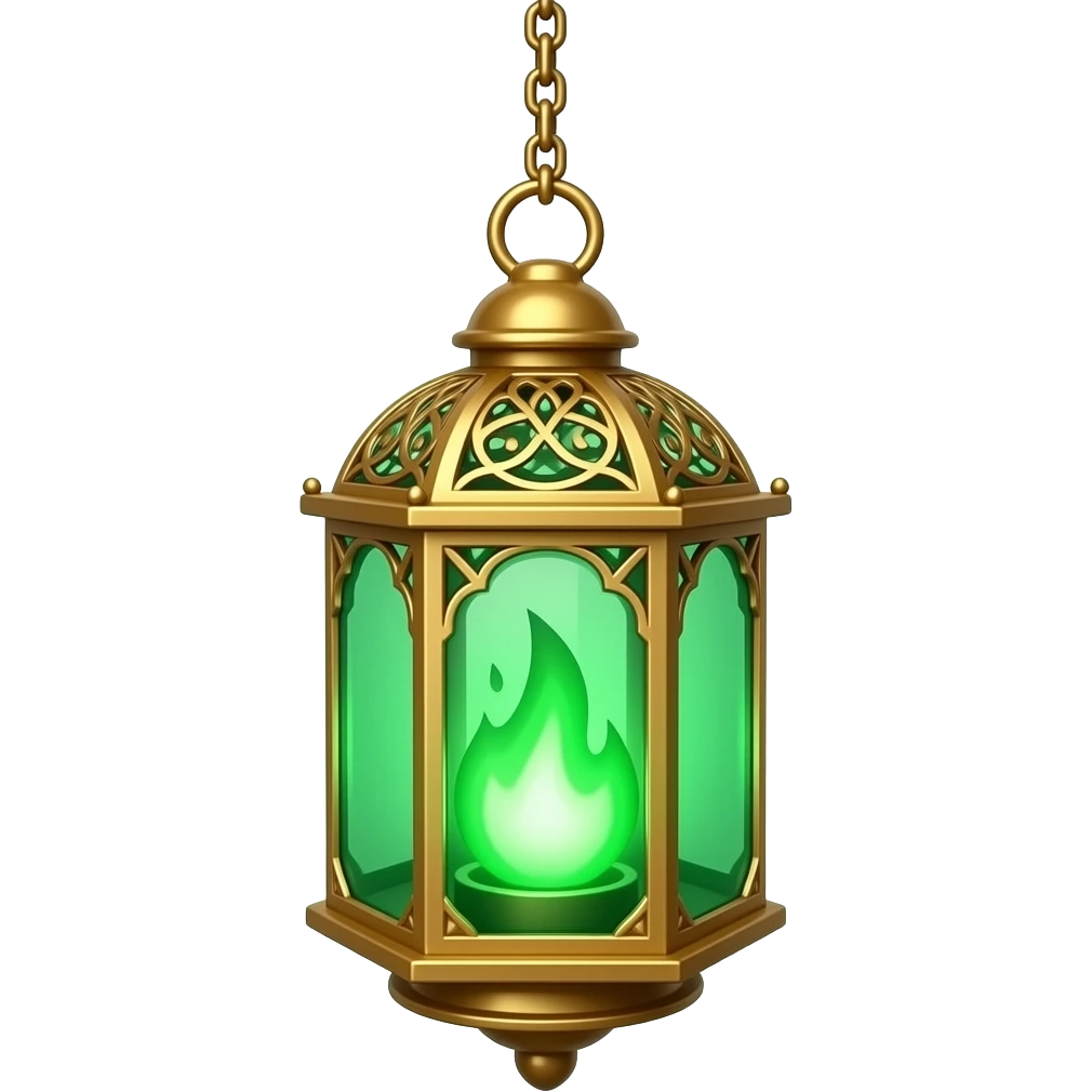 A golden hanging lantern with a bright emerald green flames, an empty loop on top, fae filigree themed, but simple focus more on the green flames, paint the glass more green emoji