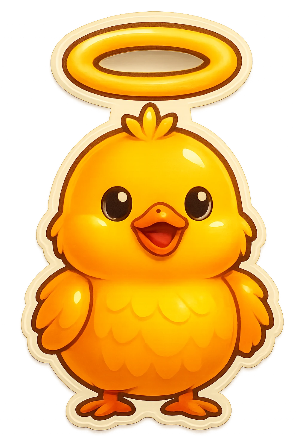 Make the halo much bigger and floating high above the baby chick's head, like a saint, keep the style and transparent background. emoji