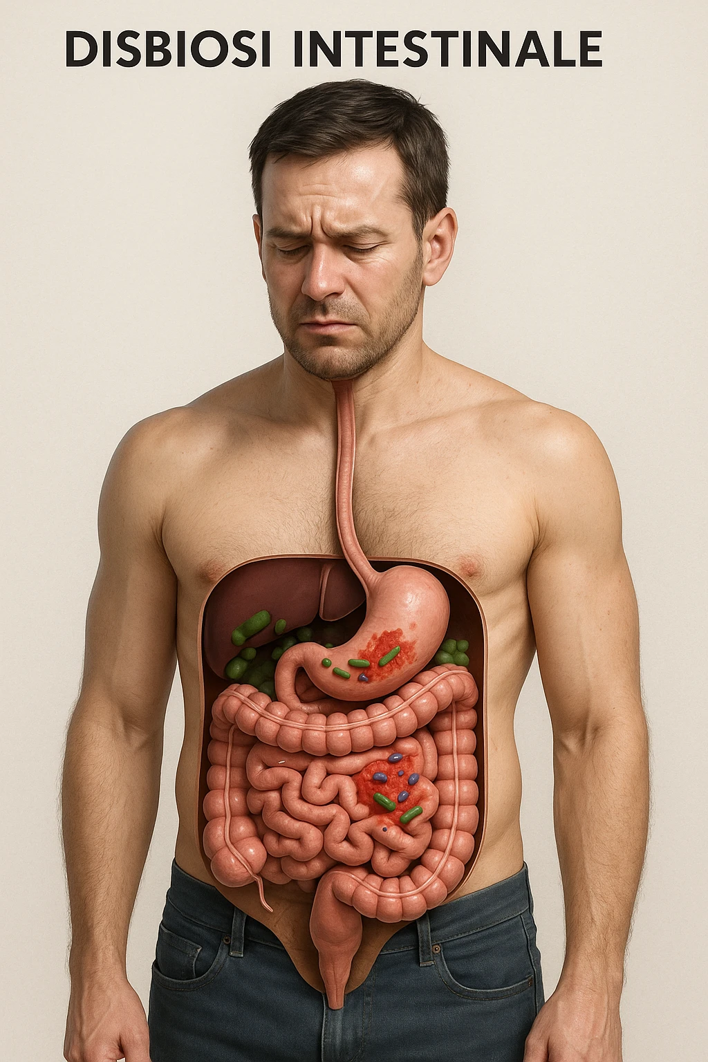 disbiosi intestinale vista anatomicamente su un uomo in 3D emoji