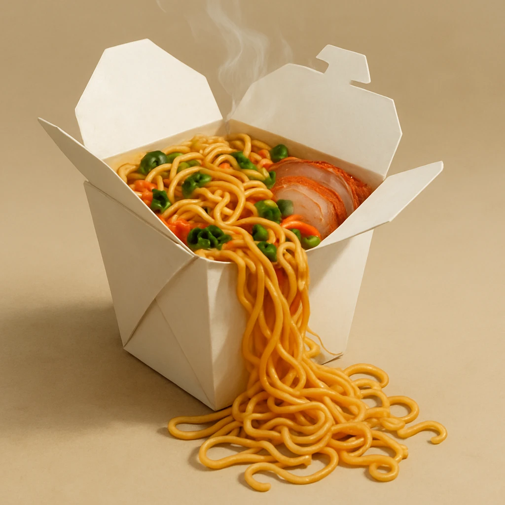 ramen in a takeout box, noodles spilling out emoji