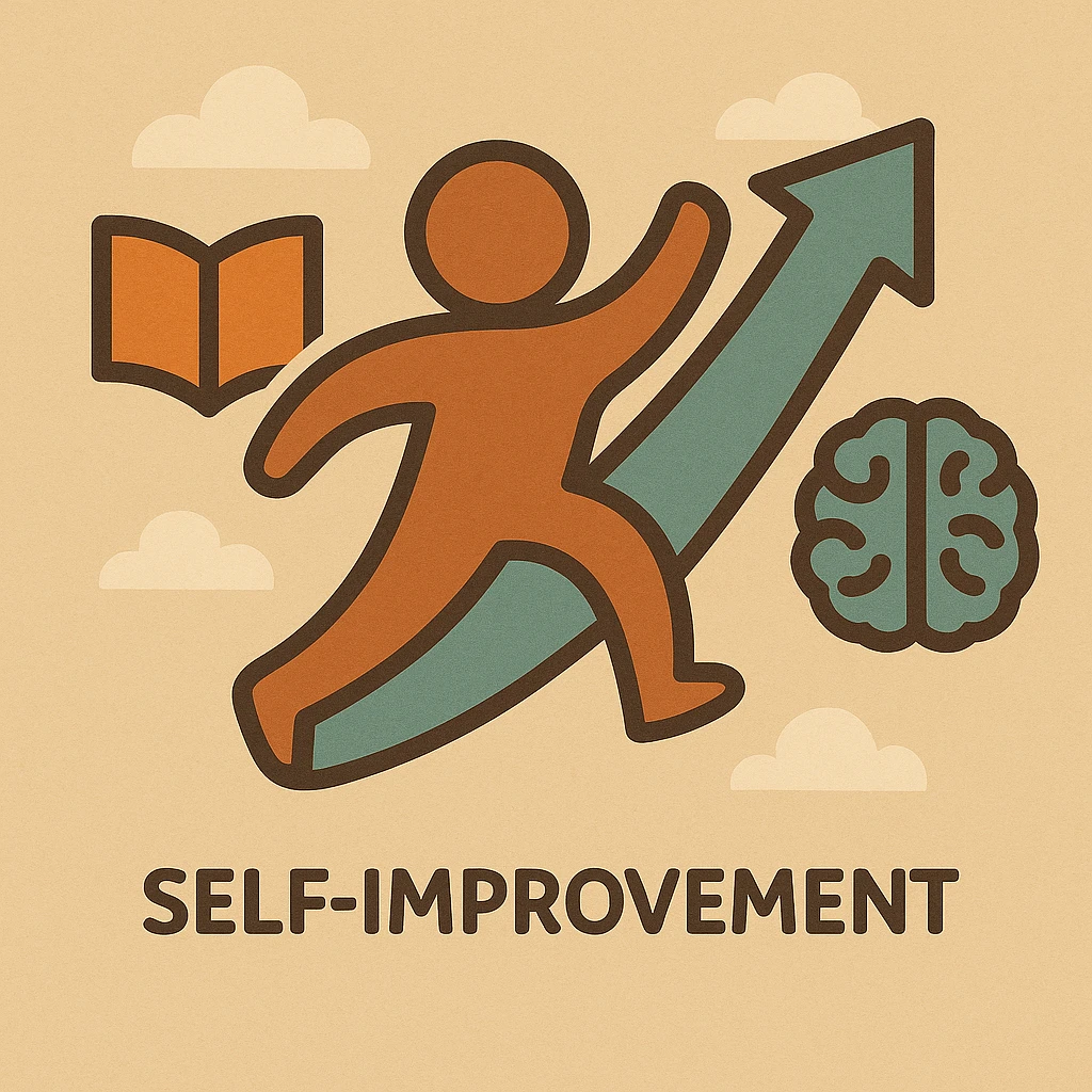 Add a book or brain icon to the self improvement logo. Keep the minimalist style with a stylized arrow and person. Use energetic orange and teal colors. Maintain the energetic and clean look. emoji