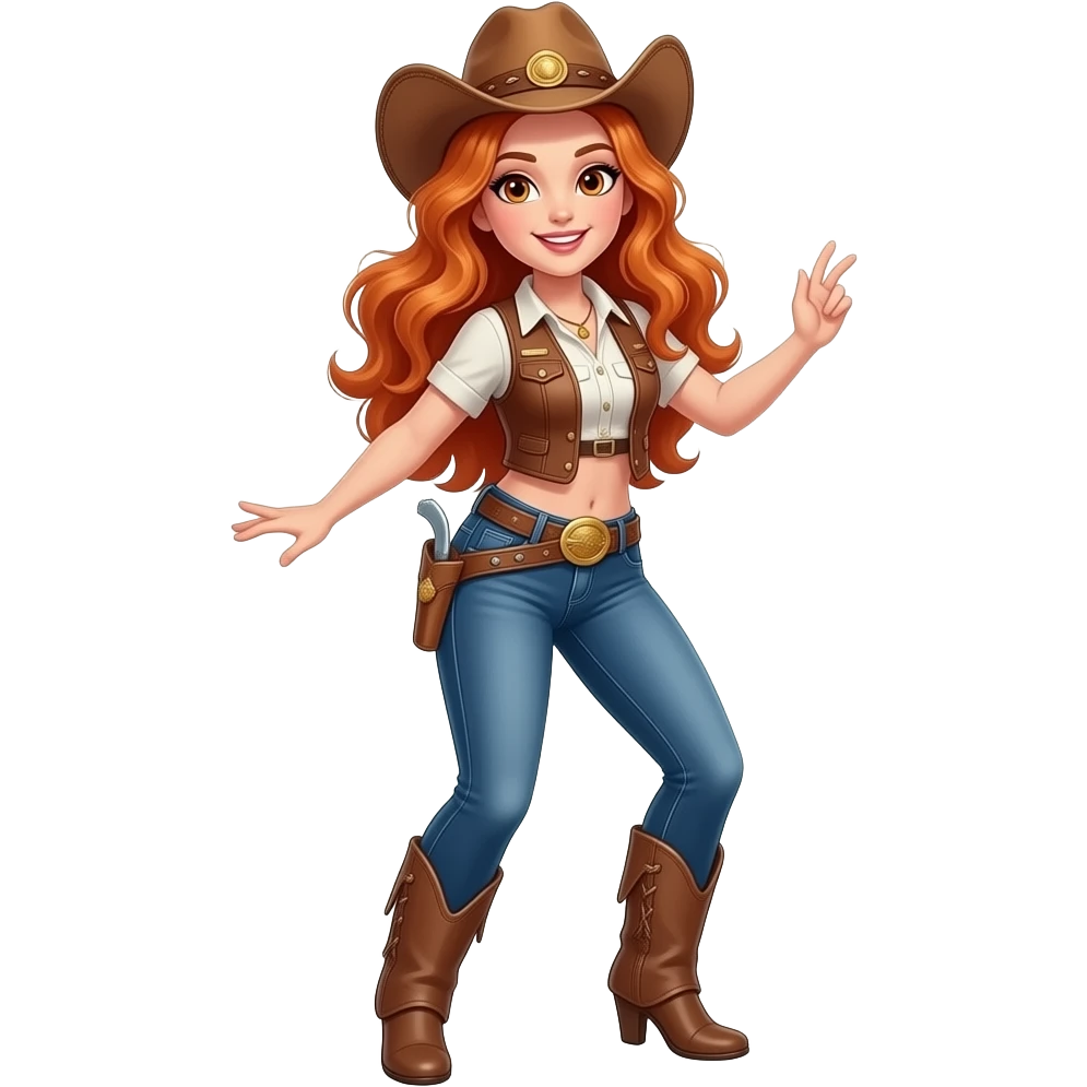 sexy girl with long curvy ginger hair and ginger eyes wearing cowboy clothes is dancing line dance emoji