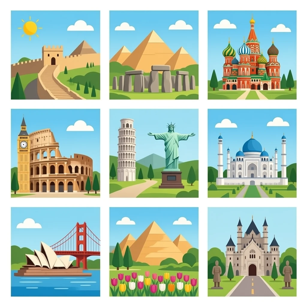 Pyramids, Great Wall China, colosseum, Stonehenge, st. Basil’s cathedral, Taj Mahal, leaning tower of Pisa, Big Ben, Eiffel Tower, Statue of Liberty, Machu Picchu, cristo redentor, blue mosque, Golden Gate Bridge, Sydney opera house, keukenhof park, Angkor wat, neuschwanstein castle, and terracotta emoji