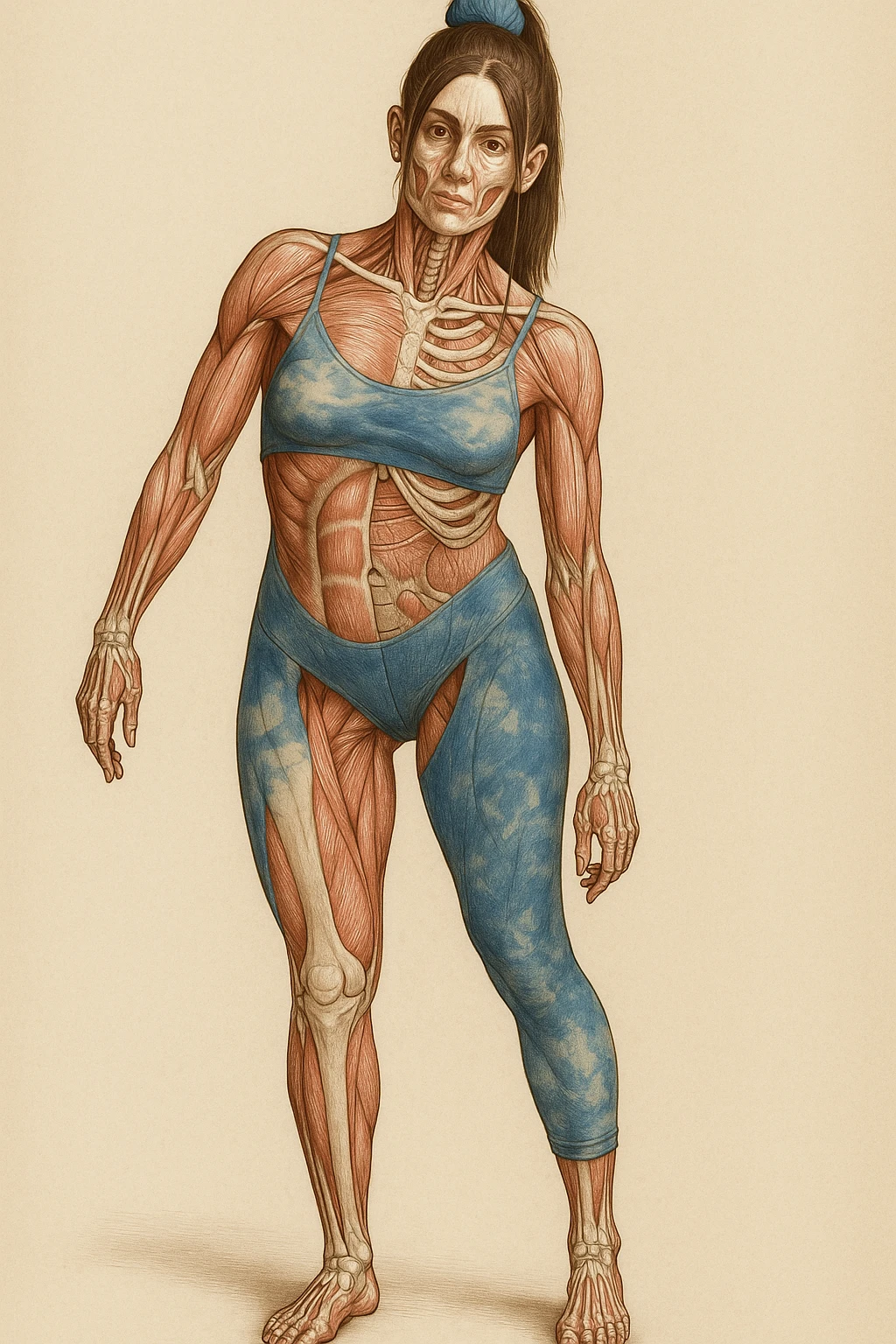 Donna in abbigliamento sportivo, postura asimmetrica, stile medico realistico, muscoli e ossa visibili, evidenzia la compressione delle coste sul lato corto, sfondo neutro, formato verticale. emoji