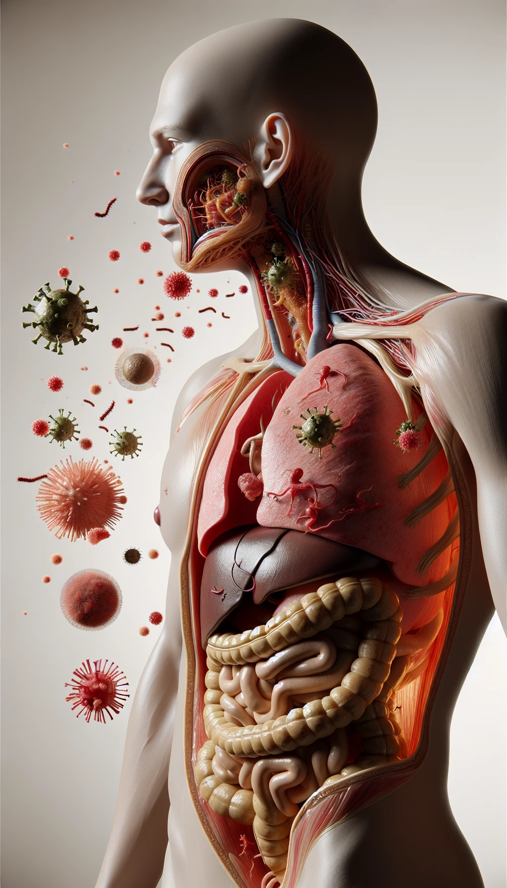 corpo umano anatomico di profilo con virus e parassiti che cercano di attaccarlo , sfondo neutro chiaro, iperrealistico 4k emoji