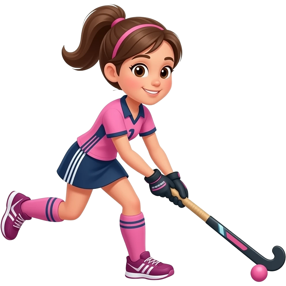 cartoon girl field hockey player playing hockey wearing pink facing to the right emoji