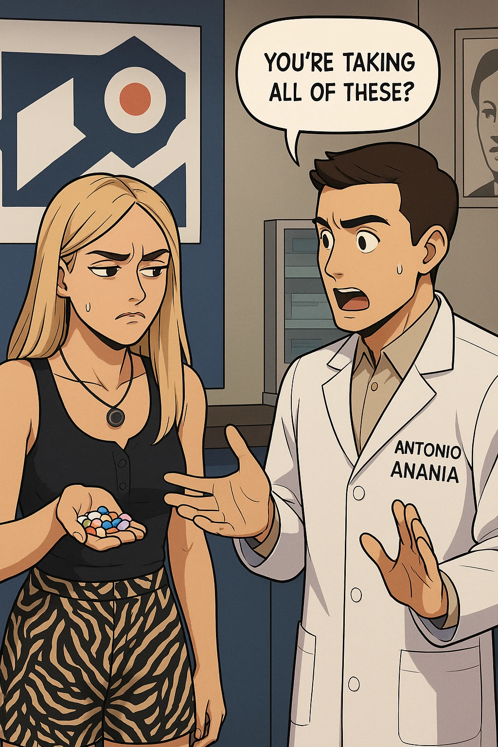 fai un webtoon/manga a colori con questo kinesiologo in camice bianco (fagli la scritta "ANTONIO ANANIA" SUL CAMICE) CHE PARLA CON QUESTA RAGAZZA. LA RAGAZZA HA UN PUGNO DI INTEGRATORI IN MANO (TANTE PILLOLE DIVERSE) E LE GUARDA DUBBIOSA. IL KINESIOLOGO CON IL CAMICE BIANCO LE DOMANDA UNA COSA SCIOCCATO. NON FARE I FUMETTI, FAI SOLO LORO COME SE DIALOGASSERO emoji
