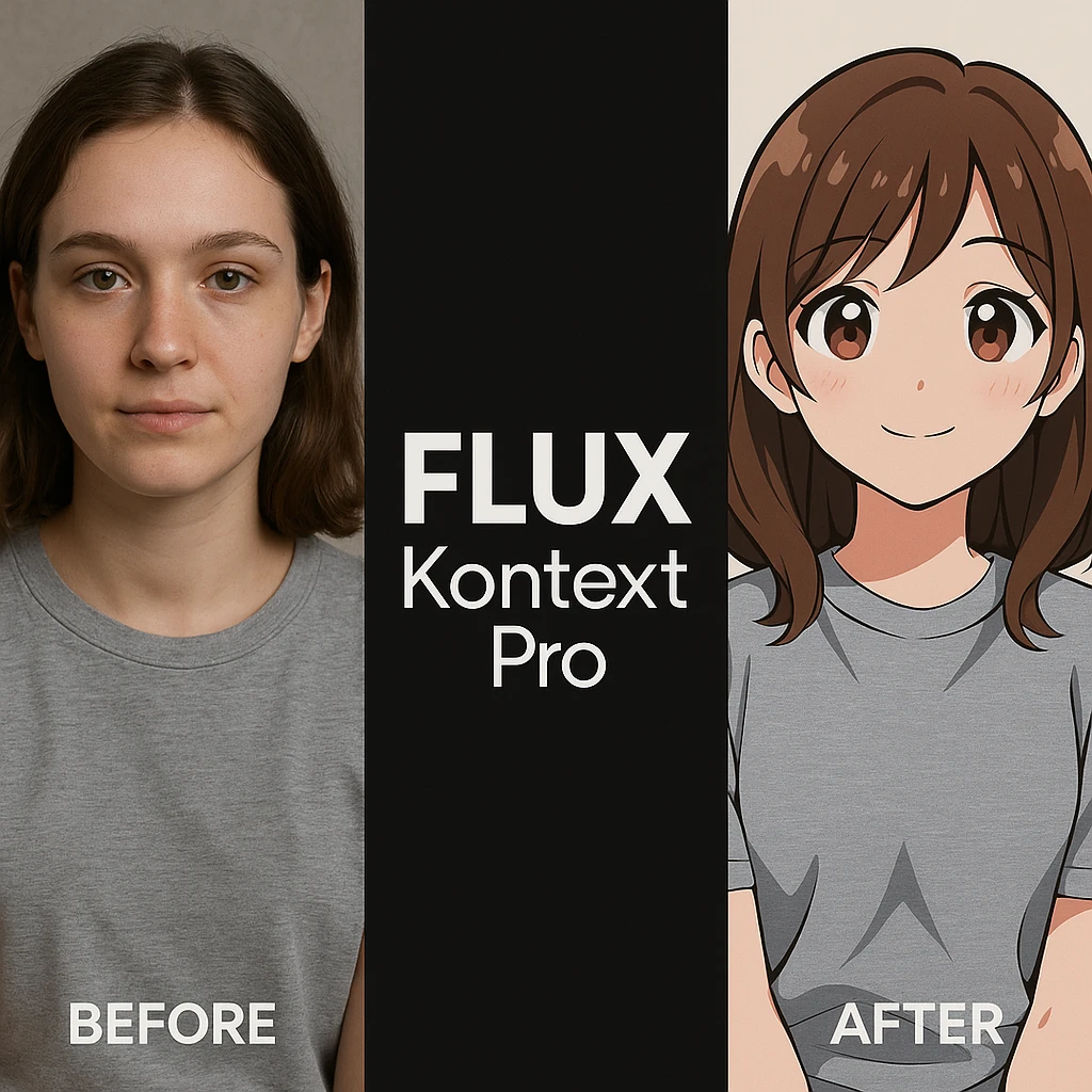 create before after image of a girl before is realsitic photo, after is anime version of her in same pose and clothes, add logo with text of a "FLUX Kontext Pro" in middle in big, black background emoji
