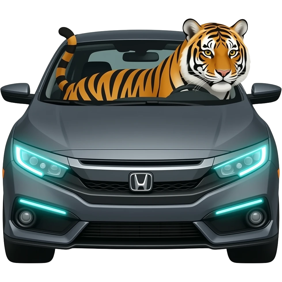 Un tigre en un honda carro y que el carro sea gris oscuro con rines neon emoji