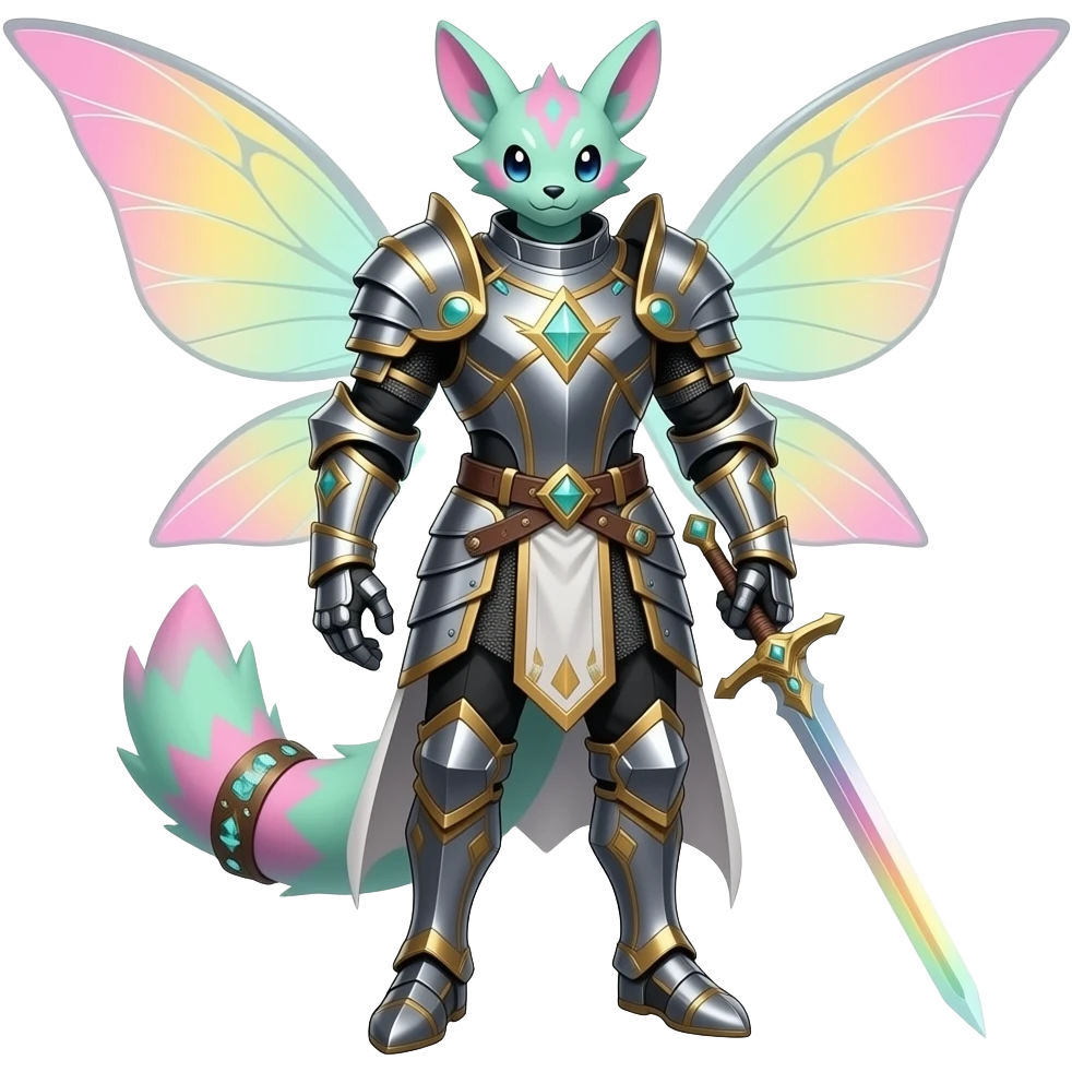 Epic complex knightly divine glorious futuristic detailed dark dusky gloomy pastel pink-pastel-green-pastel-yellow-white-gradient-iridescent, realistic Fakémon-Sprigatito-Floragato-Meowscarada-Trico-Sergal-Serval-Vernid-creature (full body) with bracelets and anklets and fairy wings emoji