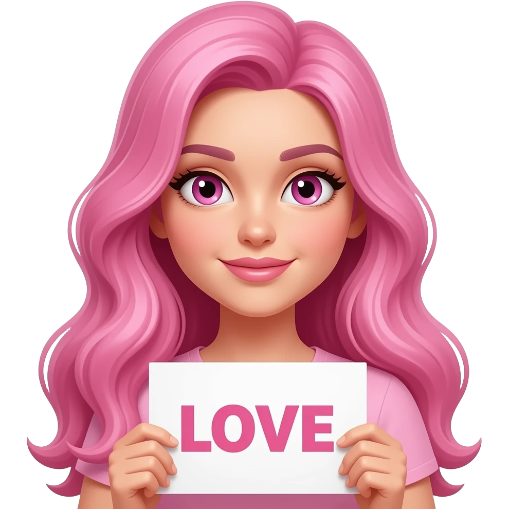 sexy girl with long pink hair and pink eyes holding LOVE sign emoji