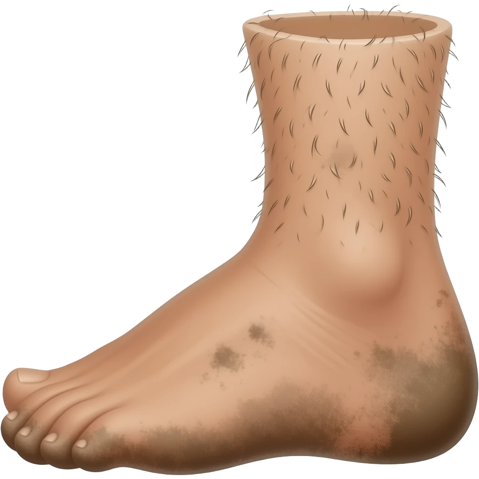 Side profile view of a hobbit foot, lightly hairy on top, slightly dirty with mud on the sole and toes, clean and simple pixel art style, transparent background emoji