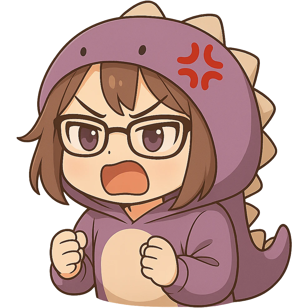 Edit the image of a chibi anime style gamer girl with glasses, brown hair, dark purple eyes, wearing a purple dinosaur costume. Keep the same pose and expression as the reference image but remove the controller from her hands. The background should be transparent (no background). emoji
