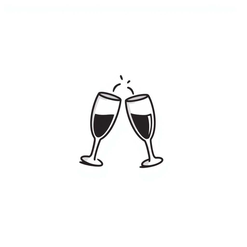 Two elegant wine glasses or champagne flutes clinking together in pastel colors (dd9fb0, ffc6d3, a3bfc9, c4bee2, f1b091), hand-drawn doodle style emoji