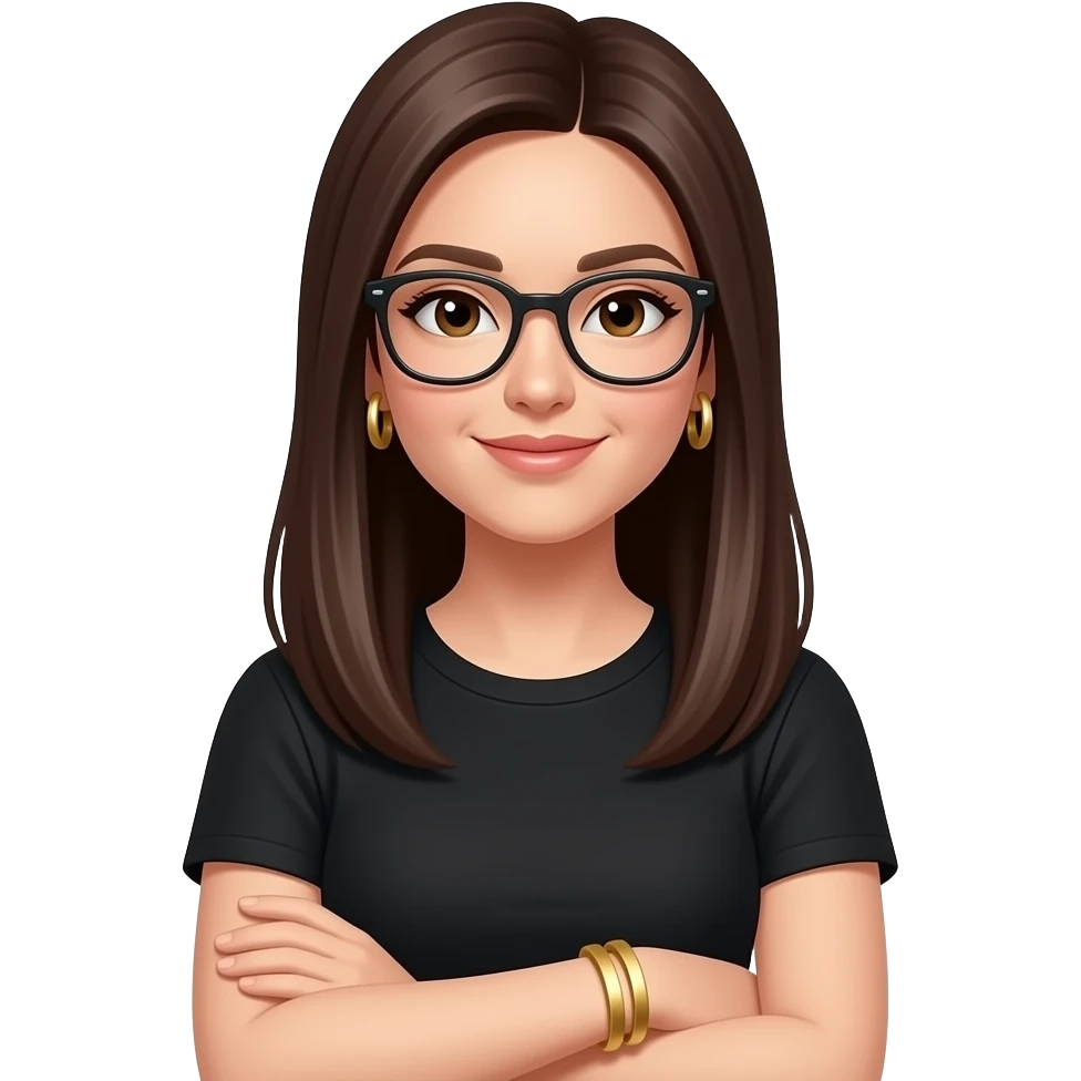 very long dark brown straight hair, glasses, marketing, recruiting, gold bracelets and gold earrings, in black tshirt, emoji