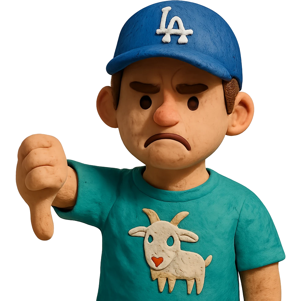 young man with a goat t-shirt, Dodgers hat, giving a thumbs down, claymation style emoji