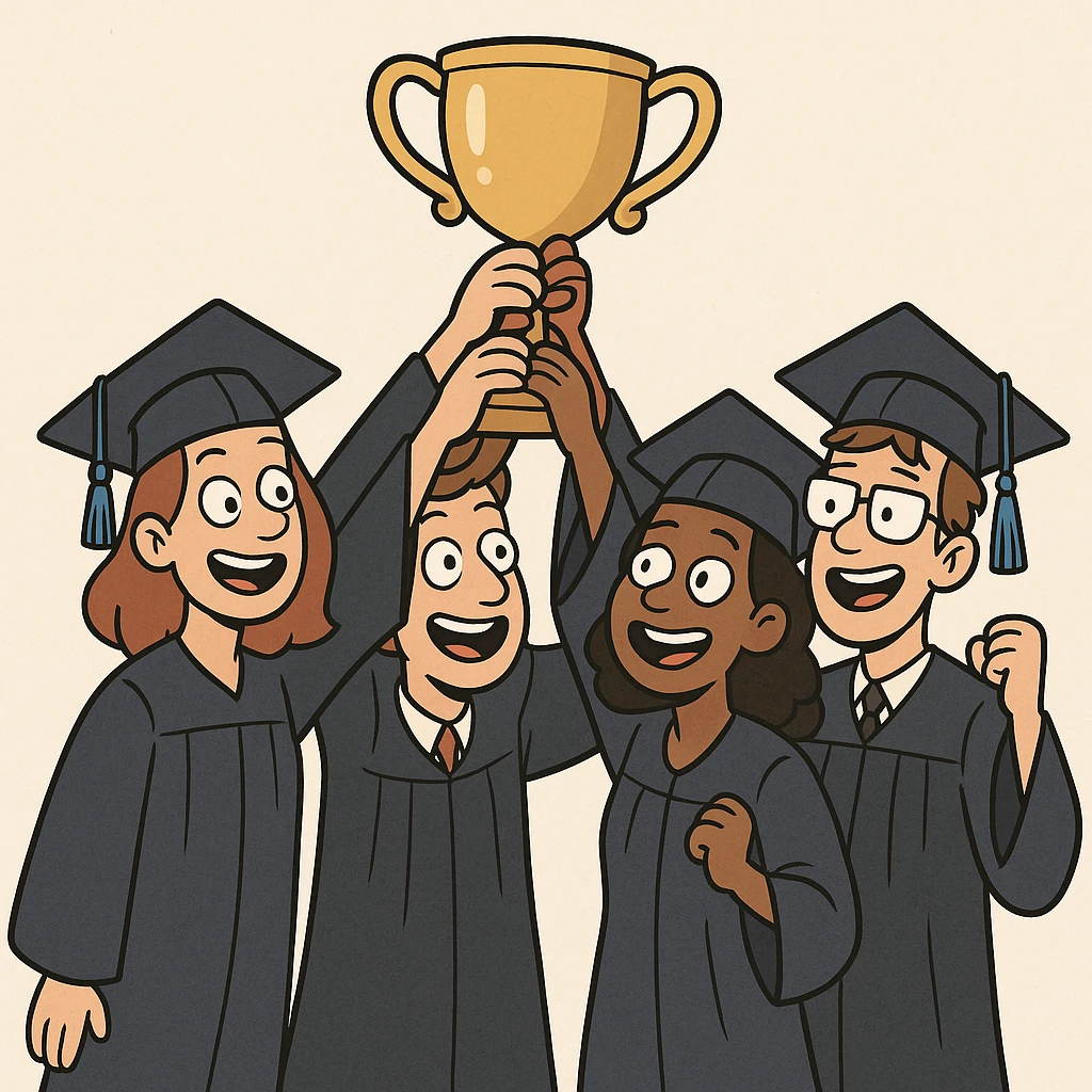 4 étudiants en tenue de remise de diplôme, tenant un trophée en l'air, style dessin animé emoji