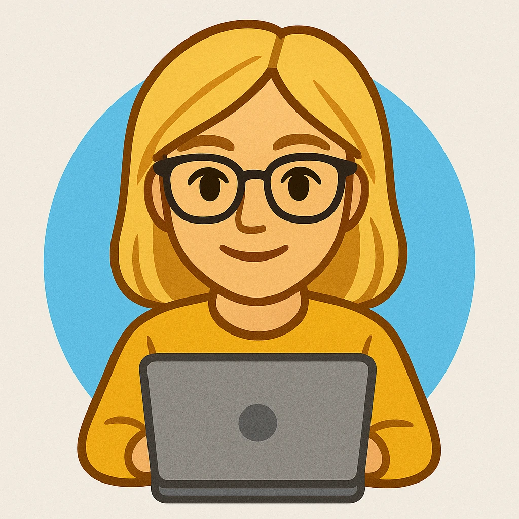 blonde writer woman wearing glasses working on a laptop, twitter style emoji emoji