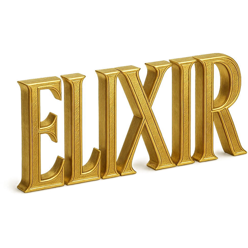 type "ELIXIR" but in front view, FINE LINES, beige  emoji