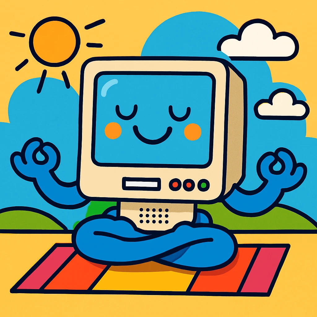 a computer doing yoga, vibrant cartoon style emoji