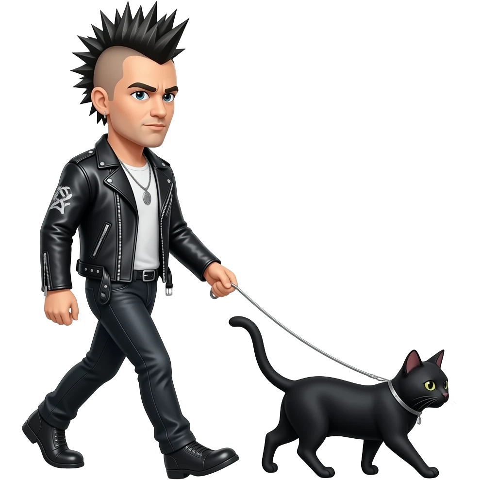 Punk rock Man walking a black cat on leash emoji