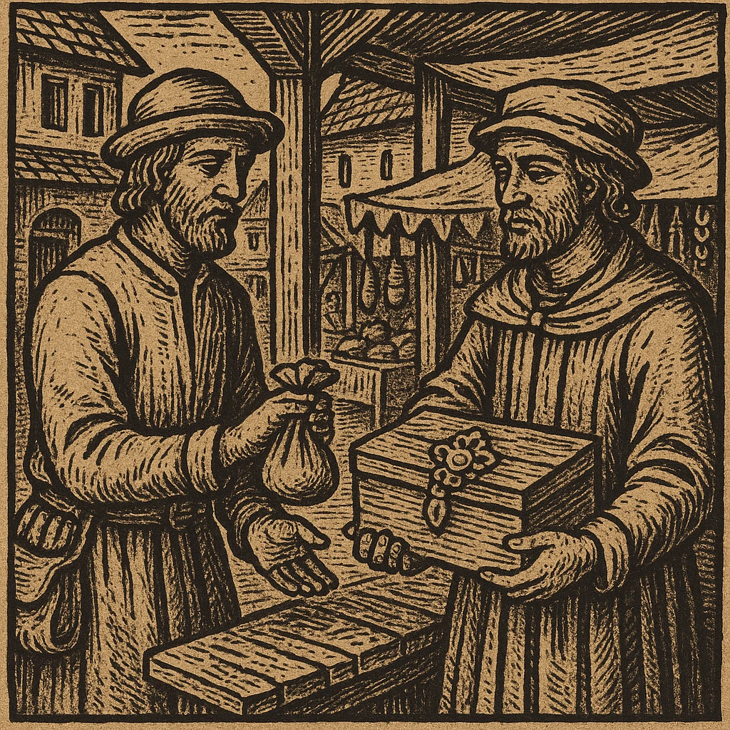 Сгенерируй мне гравюру, как в средневековье один мужчина дает другому мешочек, а другой украшение коробку деревянную, они торгуют, все это происходит на рынке emoji