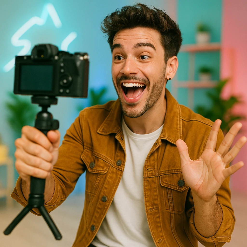 influencer, charismatic, vlogging with camera emoji