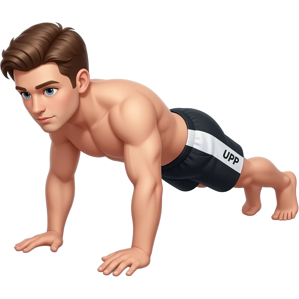 guy with brown hair with white white and black shorts that say "UPP" in white on the side doing a low plank (forearms on the ground) emoji