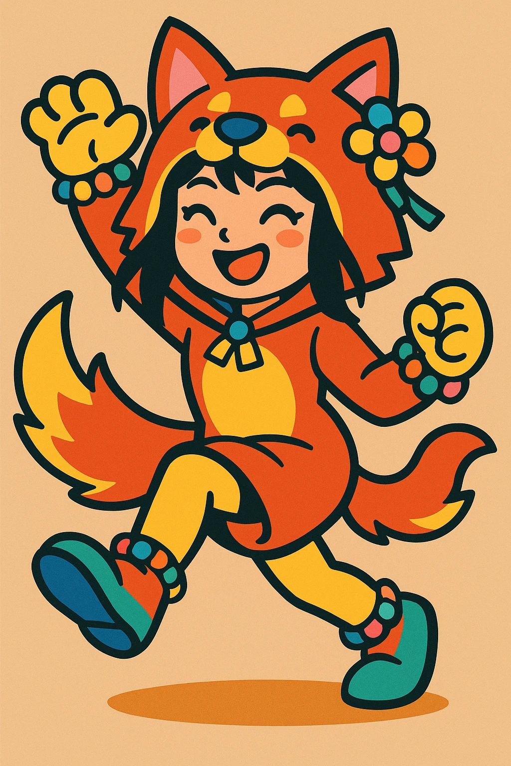 Asian girl in therian costume, playful, dynamic pose, colorful accessories emoji