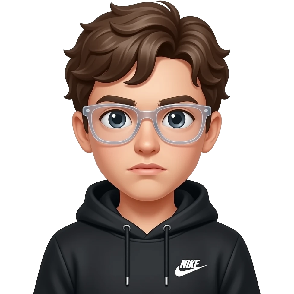 Crea un ragazzo di 13 anni,Serio che indossa gli occhiali finti trasparenti,ha i capelli leggermente mossi e con una felpa nike nera,e nn deve sorridere emoji