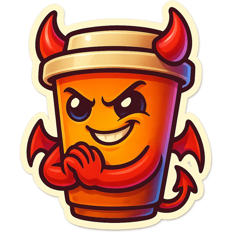 Tall coffee cup, devil horns, smirking, evil, rubbing hands together emoji
