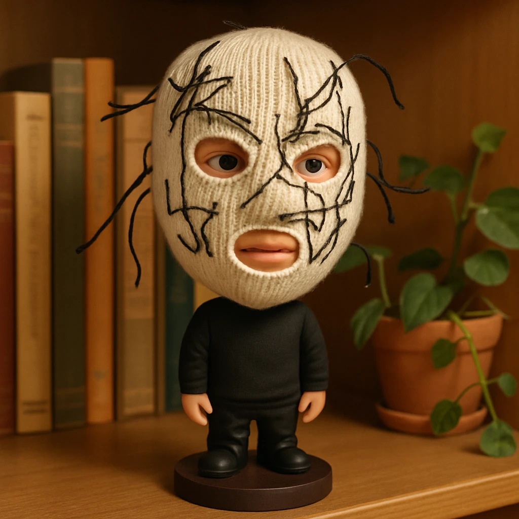 The mask is a full-head, white knitted balaclava with a tight ribbed texture. It features two asymmetrical eye openings and a partially exposed mouth area. Black thread is stitched across the surface in chaotic, abstract lines that trace facial features, giving a hand-drawn effect. Several black cords extend outward from the mask, varying in length and direction, adding a sculptural, almost organic appearance. The overall look is bold, handcrafted, and visually striking. emoji